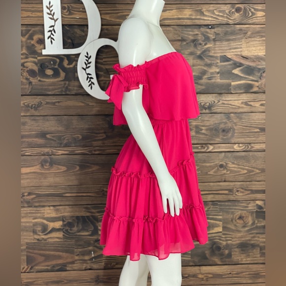 Lulus | Off Shoulder Tiered Ruffle Babydoll Mini Dress Hot‎ Pink Bow Tie Sleeves - Picture 6 of 12